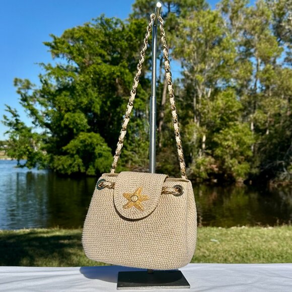 Eric Javits Raffia Sand Dollar Top Handle Chain Strap Gold Metallic Bag - Picture 3 of 13
